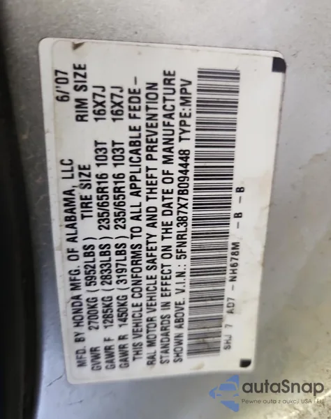 2007 Honda Odyssey Exl from USA, damaged, VIN 5FNRL387X7B094448
